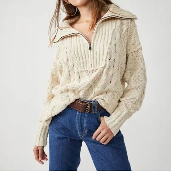 Free People Driftwood Cable Knit Polo in Ivory Size Medium M Fisherman Oversized - Picture 16 of 16